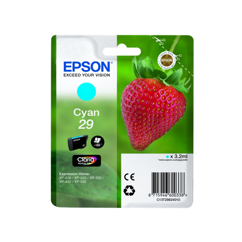 Cartucho de tinta original EPSON, 29, Fresa 3,2 ml, Cian,, C13T29824022, T2982