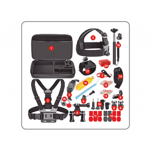 Pack de accesorios 20 en 1 - SK8 Cam, Para cámara deportiva, Negro