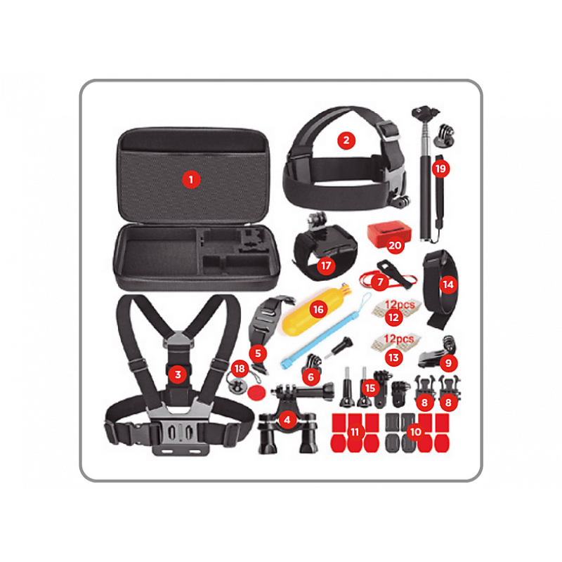Pack de accesorios 20 en 1 - SK8 Cam, Para cámara deportiva, Negro
