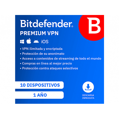 Bitdefender VPN, 10 dispositivos, 1 año (Código de descarga)