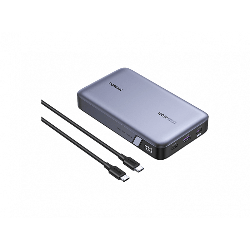 Batería externa - Ugreen UGR25188, Universal, 100W, 2000 mAh, 2x USB-C, 1x USB-A, Recarga Rápida, Gris