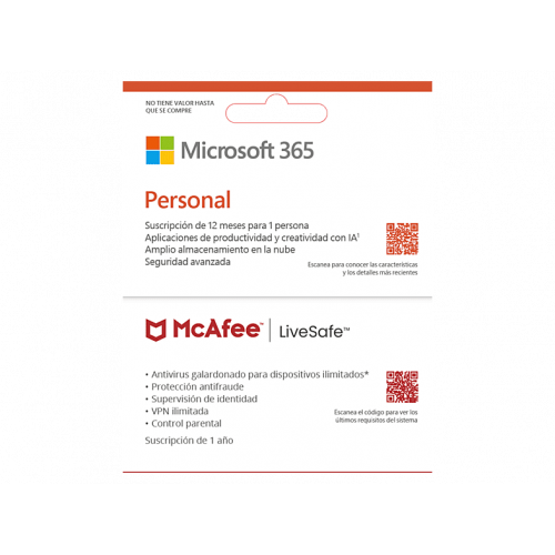 Pack Microsoft Office 365 Personal + Antivirus McAfee LifeSafe, Suscripción 1 año (Formato Físico)
