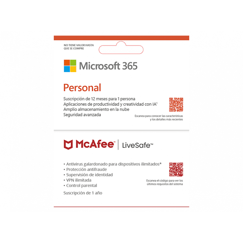 Pack Microsoft Office 365 Personal + Antivirus McAfee LifeSafe, Suscripción 1 año (Formato Físico)