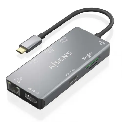 Dock USB-C AISENS DUA9-0104 9-en-1 2xHDMI 1xRJ45 2xUSB3.0 100W SD MicroSD Gris 15cm