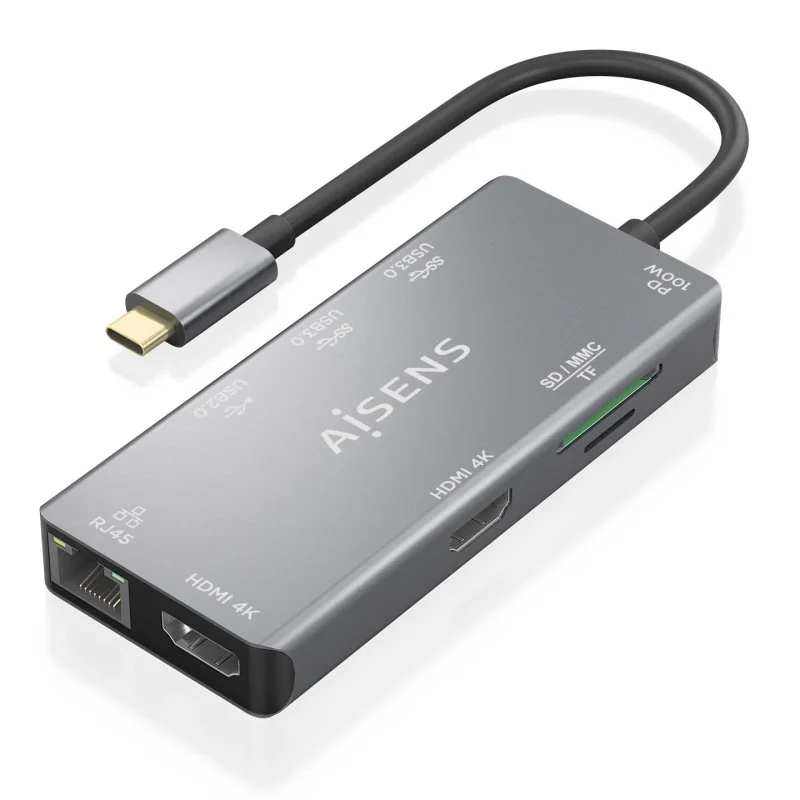 Dock USB-C AISENS DUA9-0104 9-en-1 2xHDMI 1xRJ45 2xUSB3.0 100W SD MicroSD Gris 15cm