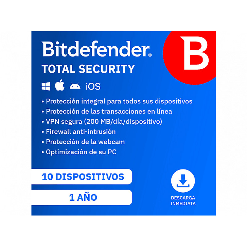 Antivirus - Bitdefender Total Security, 10 dispositivos, 1 año (Código de descarga)