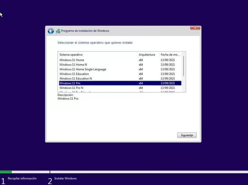 Seleccionar Windows 11 Home o Windows 11 Pro
