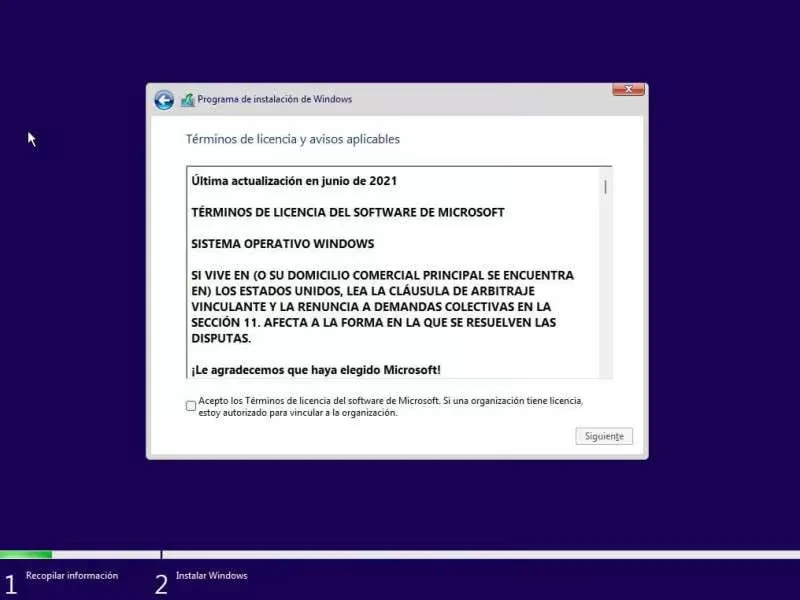 Aceptar términos de licencia de Windows 11